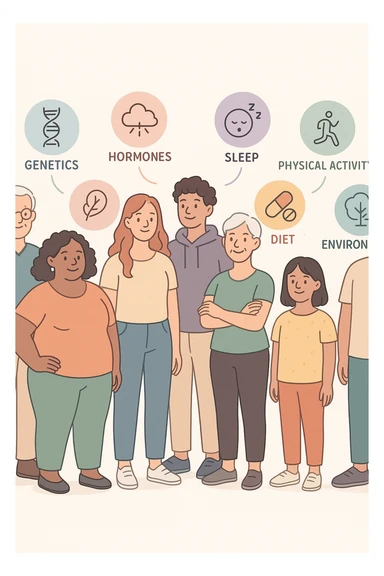a diverse group of people of different body shapes, sizes, ages, and backgrounds stand together, each surrounded by floating icons representing factors like genetics, hormones, stress, sleep, physical activity, diet, medication, and environment. The mood is inclusive and informative, emphasizing that weight is influenced by many interconnected elements. sticker