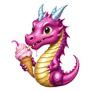 A shiny, glittery dragon in pink tones eats vanilla and chocolate ice cream sticker