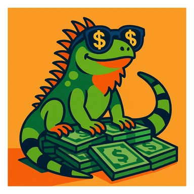 a green iguana with dollar sign sunglasses, sitting on a pile of cash, in a vibrant, playful style sticker