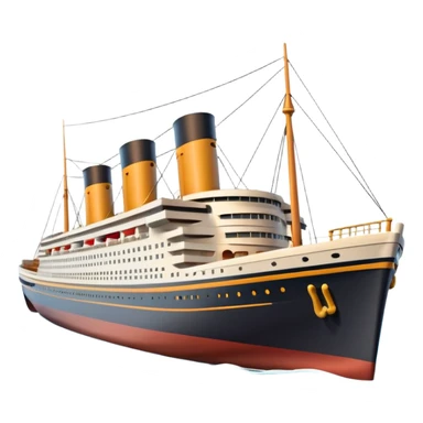 A 3D emoji of a Titanic ship in Apple style, glossy and smooth surface, bright clean colors with subtle shading, simple and minimal details, no face or expressions, floating on calm ocean, soft shadows, high-quality render, isolated on white background.


 sticker