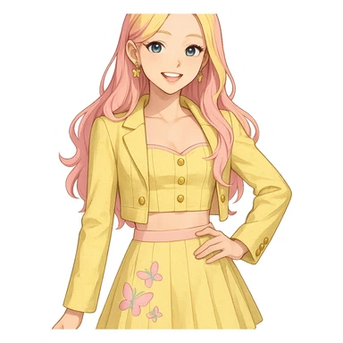 Fluttershy reimagined as a human K-pop idol, standing and smiling, transparent background sticker