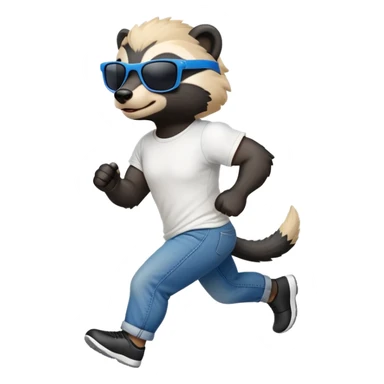 friendly anthropomorphised honey badger in jeans and a t-shirt, wearing sunglasses, jogging upright, standard pose sticker