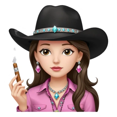 White girl, black cowboy hate with hat band sparkling, long brown straight hair, pink and black western shirt, smoking a joint,  big diamond earrings sticker