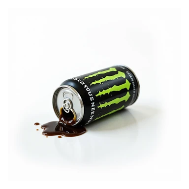 photorealistic monster energy drink can tipped over with liquid spilling, neon green branding, on a white background sticker