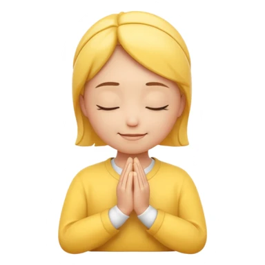 A 3D Apple-style yellow round emoji, calm and patient expression, closed eyes with a gentle smile, hands together in front as if waiting or praying, soft relaxed eyebrows, subtle glow around the head to symbolize patience, clean minimal background sticker
