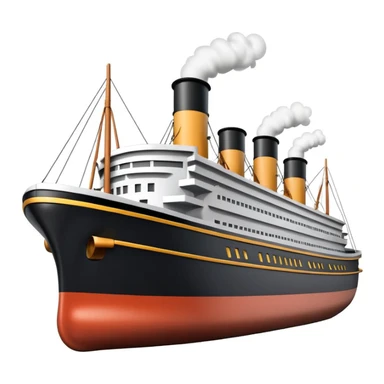 3D Apple-style emoji of the Titanic ship with simplified shapes, cartoon-like look, glossy finish, soft shadows, white background, featuring four smokestacks, black hull, and white upper decks, recognizable key features sticker