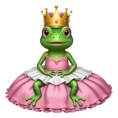 Brown bed with white sheets and a pink comforter.  In the bed sits a frog in a frilly little pink dress, wearing a crown and sitting like a frog would normally sit. sticker