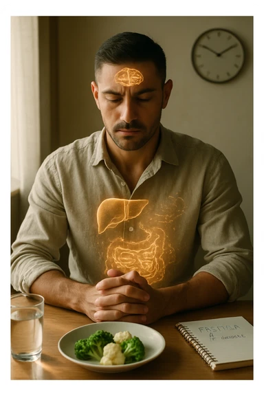 A cinematic close-up of a focused man in his mid-30s with slight beard and tired but determined eyes, sitting alone at a simple wooden table with an untouched plate of food in front of him. His hands are clasped, fingers interlocked in a meditative position over his lower abdomen, symbolizing willpower and internal balance. He wears a lightweight natural fiber shirt, sleeves rolled up. The lighting is soft and natural, early morning light coming from a nearby window. Around him, visual cues of cellular regeneration — faint glowing patterns subtly overlaying his body, especially near the liver, gut, and brain, suggesting autophagy and deep healing. The room is minimalist: a glass of water, a notebook with fasting hours, and a clock in the background ticking calmly. The tone is serene, intentional, and deeply introspective. Shot in 35mm cinematic style, warm highlights and clean shadows. sticker