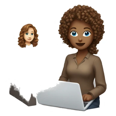 White women with the brown curly hair and blue eyes work at the laptop  sticker