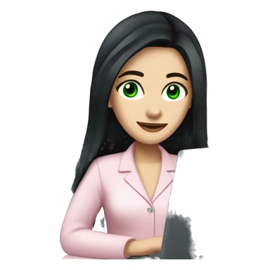 A pretty white girl with very long black hair and green eyes working on the computer in a light pink work attire sticker