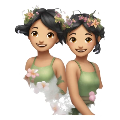 two fairies flying, beautiful, flowers in hair, smiling, aesthetic,asian girls sticker