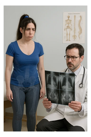 a person sits in a doctor’s office, holding medical imaging results (like X-rays or MRI scans) that appear normal. However, a subtle shadow or ghosted outline around their body reveals postural asymmetries—such as uneven shoulders or hips—that are not visible in the scans. The doctor looks puzzled, while the patient appears frustrated. sticker
