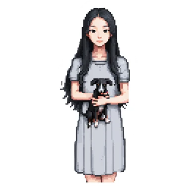 Slim Chinese girl with long black hair holding completely solid grey Italian greyhound with absolutely no white markings anywhere sticker