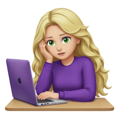 lady with long blonde wavy hair, purple top, green eyes,one elbow one desk hand on face with a laptop looking defeated sticker