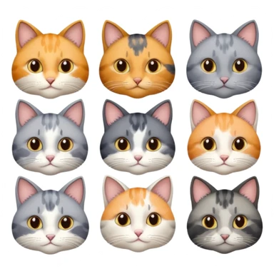 6 realistic looking cats with different natural coloured coats, assorted grey and white, greys, calico colours etc
 sticker