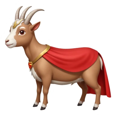 side view of white female goat wearing a read cape like superman sticker