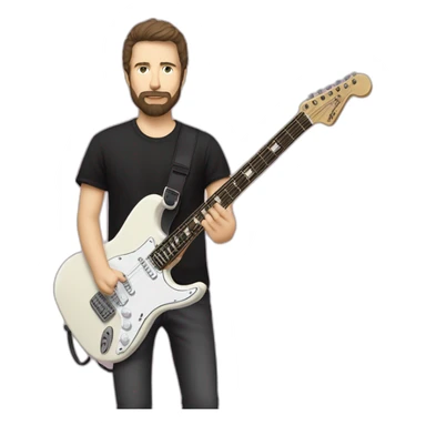 white man with dark beard and black t shirt and pastel pink stratocaster electric guitar without pickguard sticker