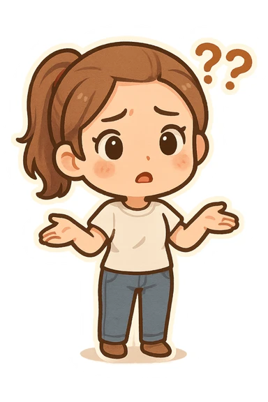 chibi-style woman with a ponytail, white t-shirt, jeans, and a confused look sticker