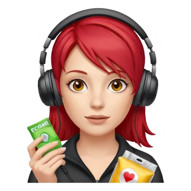 A woman with red hair and gaming headset holding a condom packets sticker