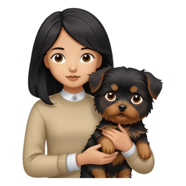 A couple holding a small Yorkshire Terrier together. The girl is Asian with long, luscious wavy black hair (loose, no hair tie). She is standing beside a brown-skinned man with a short middle part haircut sticker