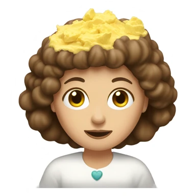 Lady with brown hair eating scrambled eggs with a halo sticker