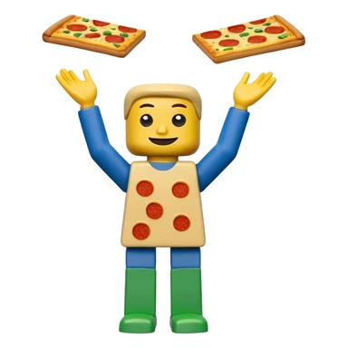 Minifigure: yellow square head  blue square troso rectangular yellow arms and green legs with a pizza on the head sticker