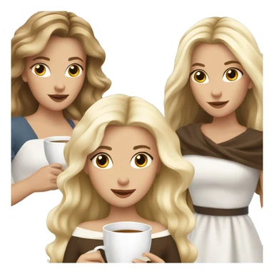 Four beautiful white european girls, one with blond hair and two dark blond hair in dresses drinking coffee  sticker