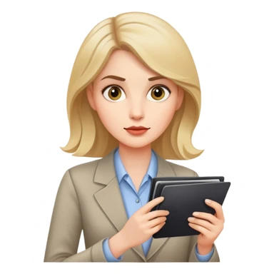 white woman reporter examining pictures, holding photos, curious look sticker