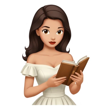 Beautiful woman in 1950’s woman fashion look, off-shoulder white dress, long dark brown hair, reading  sticker