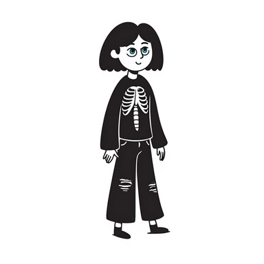 black-haired, blue-eyed person wearing a black skeleton top and ripped black jeans sticker