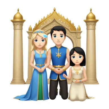 Man as king, black Hair, blue eyes, woman, blonde, green eyes, shott white sleveless Dress, kneeling, background palace sticker