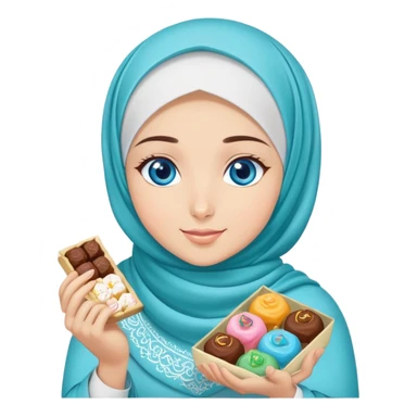 Turkish beautiful finish Konya girl blue eyes with turkis hijab islamic dress and had on her hand text Eid Mubarak with sweets and celebrating with her friends eid days   sticker