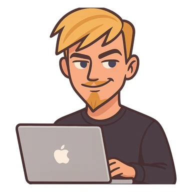 flat-toon style young blond male, blue eyes, modern forward-styled hair with fringe, sly proud smile, thin blonde mustache and sharp goatee, working on MacBook, clean, stylish, tech-savvy, web-ready sticker