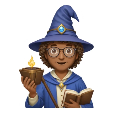 A Joyful Adult Male with Brown skin and Curly hair, wearing a Traditional outfit, a Wizard hat, Sunglasses, carrying a Spellbook, working as a farmer, while drinking Coffee and reading a Textbook. sticker