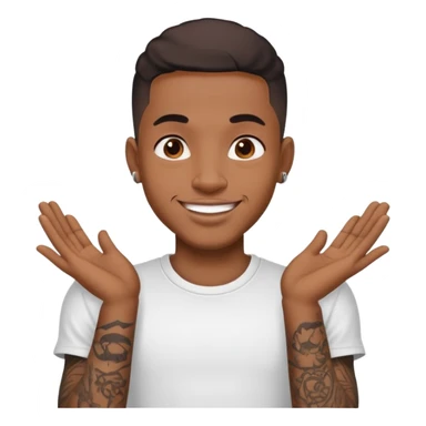 black man with small face tattoos, cheerful expression, wearing a t-shirt sticker