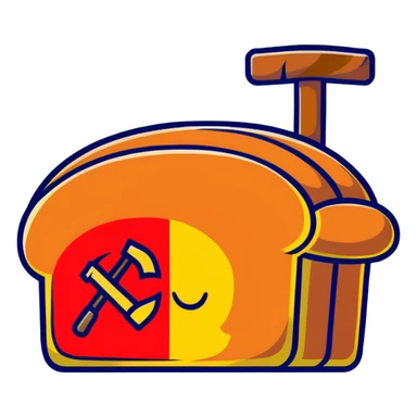 cartoon bread loaf with hammer and sickle symbol, Soviet theme, red and gold accents sticker