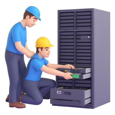 An man fixing company servers sticker