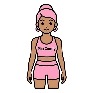 Add the name 'Mia Comfy' in a clear, stylish font on the pink yoga top. Keep the background transparent. sticker