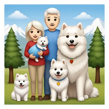 A family portrait in Apple iOS emoji style, featuring a dad, a mom, a 2-year-old baby boy, a fluffy white Samoyed dog, and a large Alaskan Malamute. All characters are smiling and standing close together in a warm, happy scene. sticker