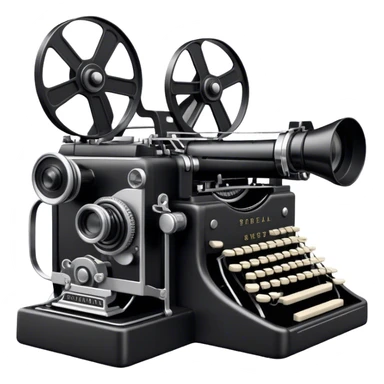 Create an emoji representing screenwriting. The design should feature an open script with visible dialogue and action lines, symbolizing the writing of a screenplay. Add a movie camera next to the script to emphasize the cinematic aspect of screenwriting. Include a classic typewriter to signify the process of creating a script. Use a professional color palette with black, white, and subtle metallic tones. Do not include any emojis or smiley faces. Make the background transparent. sticker