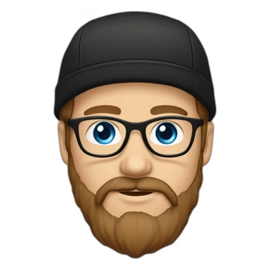 guy with straight very long brown hair and blue eyes and wears transparent glasses and with beard and wears black tshirt and wears black cap sticker