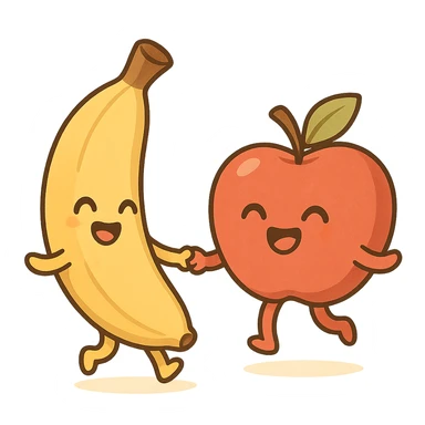 a cartoon banana and apple holding hands and dancing, cheerful, minimal background sticker