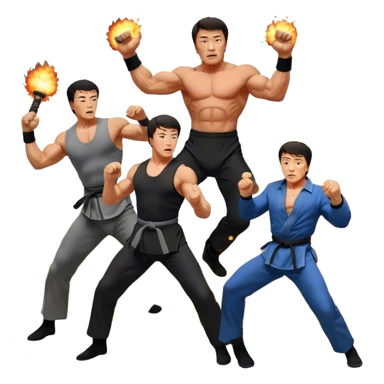 Collage of Arnold Schwarzenegger, Sylvester Stallone and Jackie Chan in intense action poses, surrounded by explosions, martial arts moves, weapons. The design should capture the high energy and heroism of classic action films. Transparent background. sticker