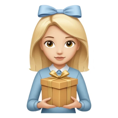 сгенерируй светловолосую девушку, держащую светло-коричневую подарочную коробку с бантиком sticker