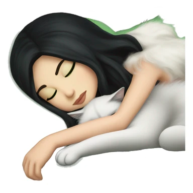 A pretty white girl with very long black hair and green eyes sleeping curled up to a cat  sticker