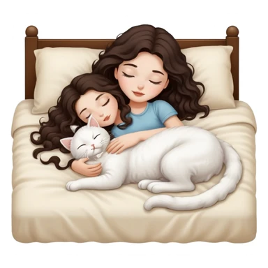 White Barbie girl dark brown long wavy hair sleeping with white kitty at cream bed sticker