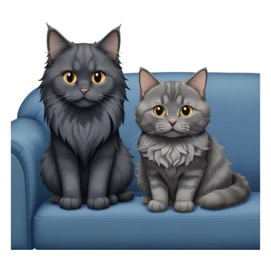 Portrait of a black smoke Maine Coon cat with long grey ear tufts, alongside a British Shorthair cat with a solid blue coat on sofa. Both cats with detailed fur textures and playful expressions. Soft, elegant background of room with warm, natural tones. Transparent background. sticker