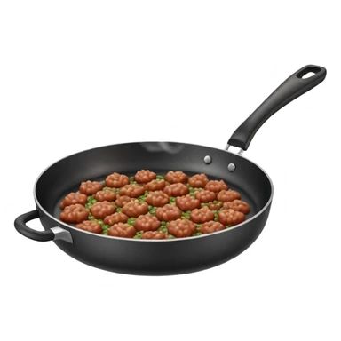 A 3D cartoon frying pan with minced meat being cooked, slight steam, realistic texture, Memoji-style. sticker