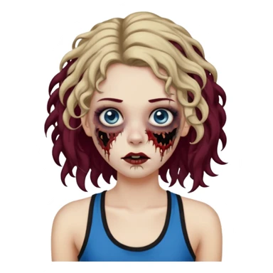 Crie um emoji de uma garota zumbi, como esta: "🧟‍♀️'. Porém invés da camiseta, uma regata fina e de cor preta, os cabelos loiros escuros na altura do ombro e picotado, liso na raiz e cacheado nas pontas, com mechas azuis nas mechas da frente e a parte de trás pintada de vermelho vinho sticker