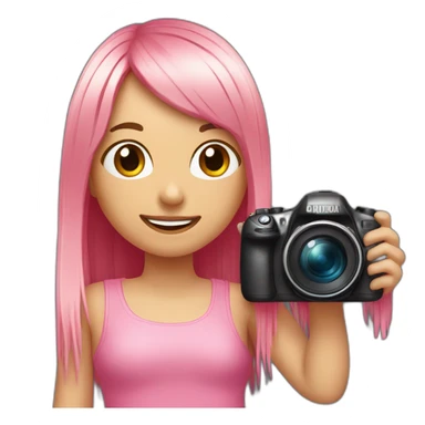 happy girl with long, straight rose hair with fringe and holding camera and wearing pink, pretty top sticker